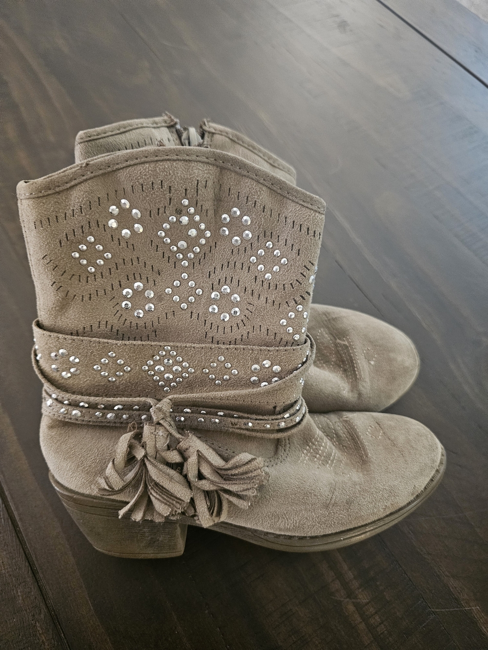 Justice Taupe Suede Studded Tassel Ankle Boots
